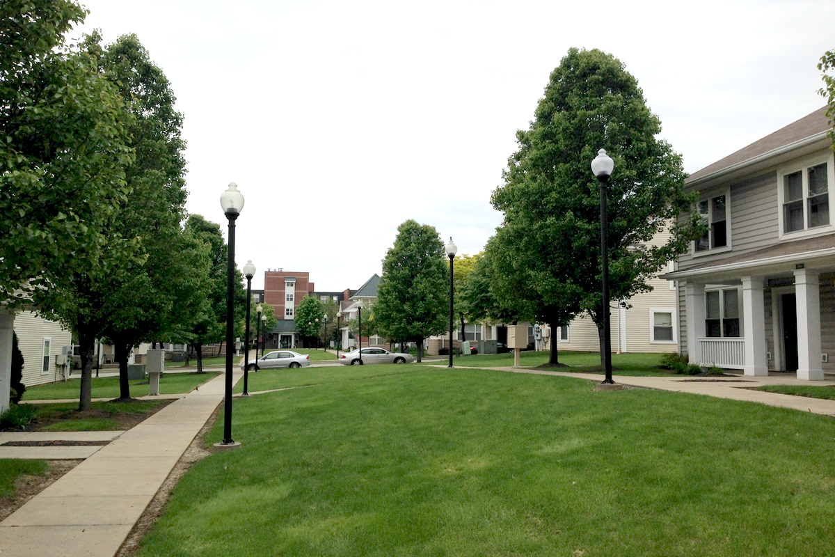 a green lawn in front of a row of houses