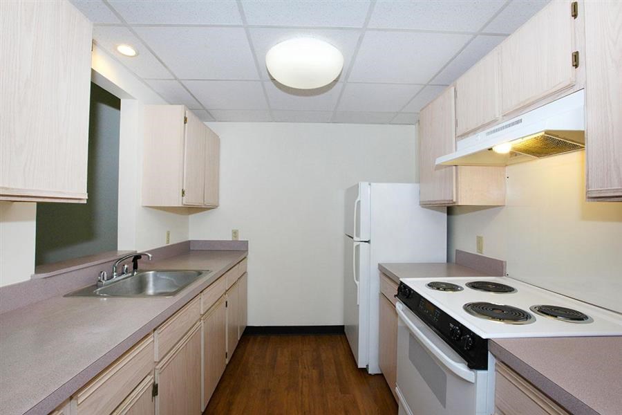 a kitchen with a stove and a sink and a refrigerator