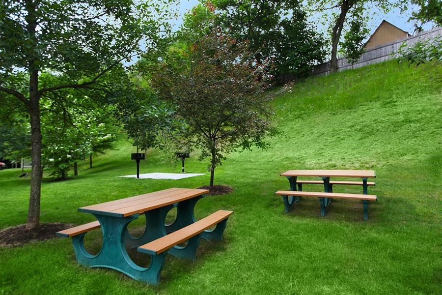 two benches and a picnic table in a park