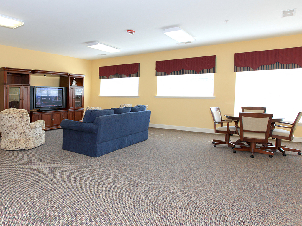 a living room with a couch table and chairs and a tv