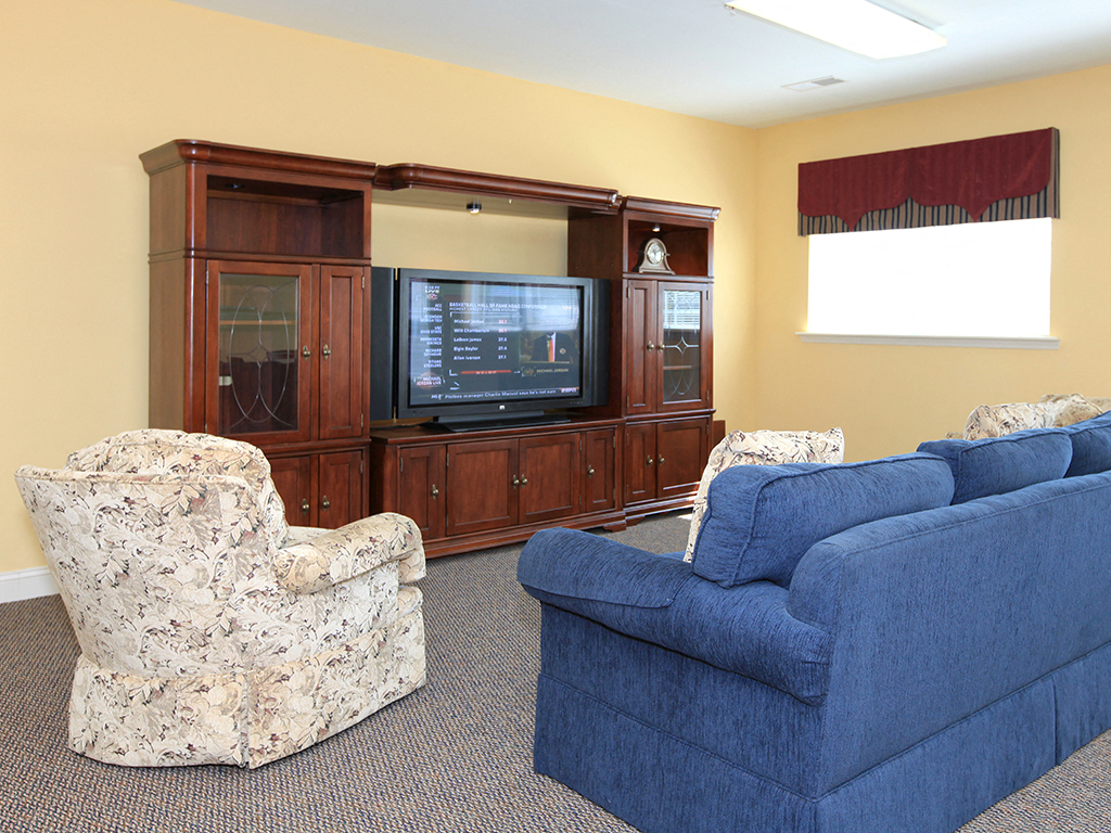 a living room with a couch and chairs and a television