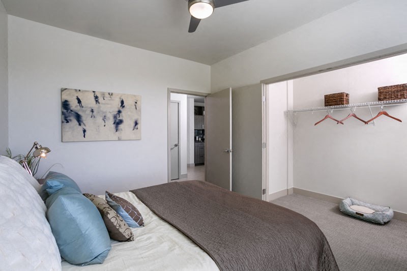 a bedroom with a bed and a closet