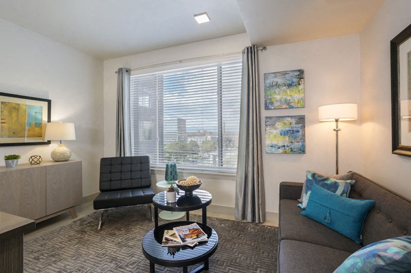 a living room with a couch and a chair and a window