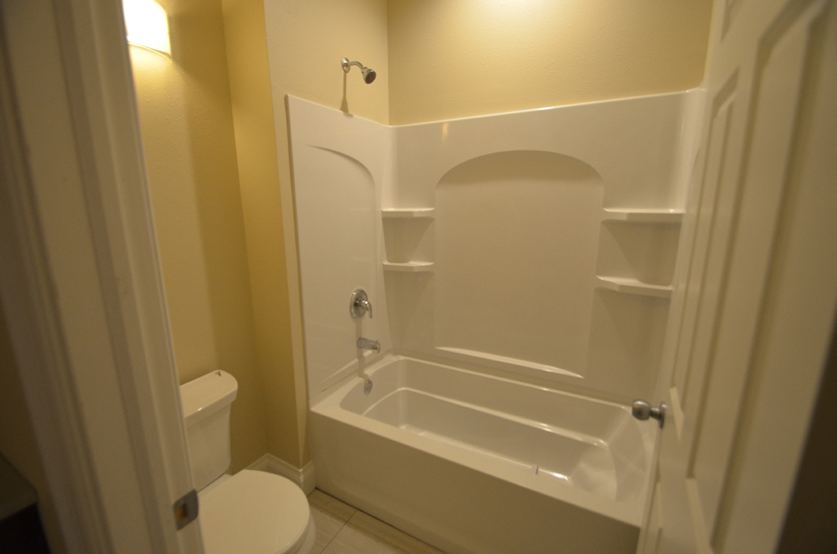 a bathroom with a shower and a toilet