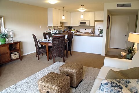 a living room and dining room with a kitchen