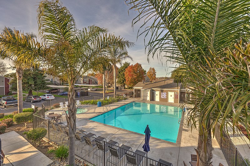 Aerial View of Pool Aerial View of Pool at VINE BY VINTAGE Apartments, Lompoc, California