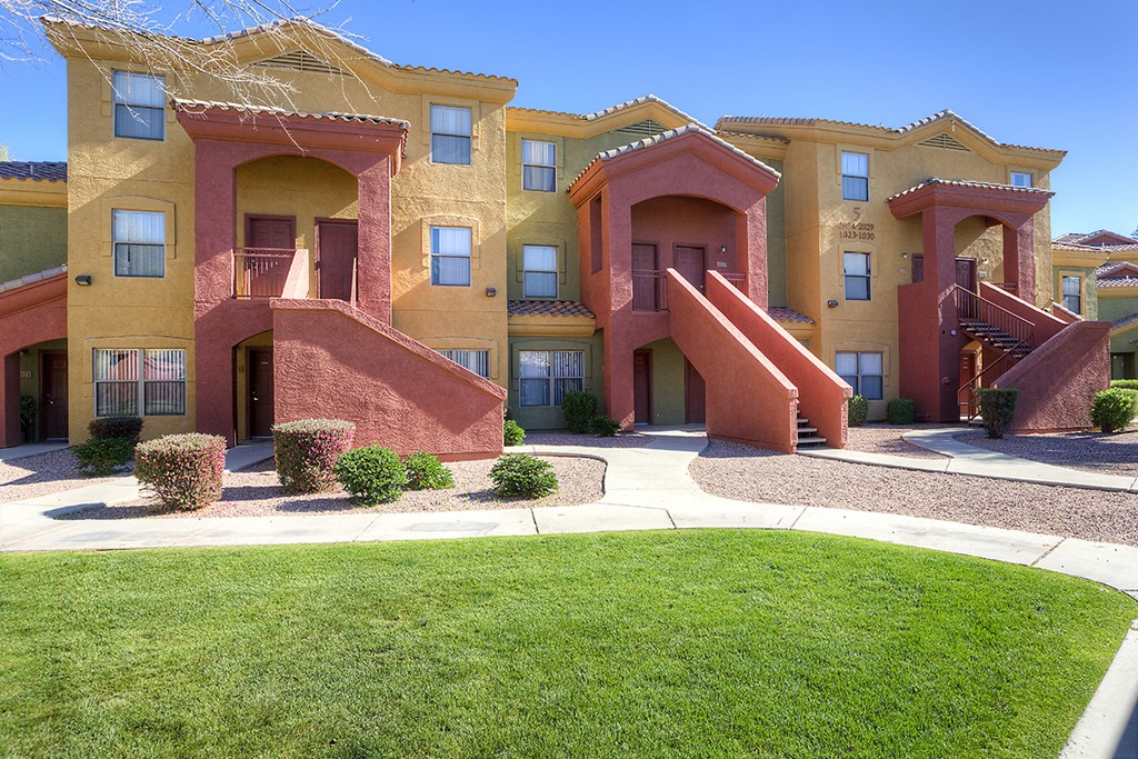 an exterior view of a building with stairs