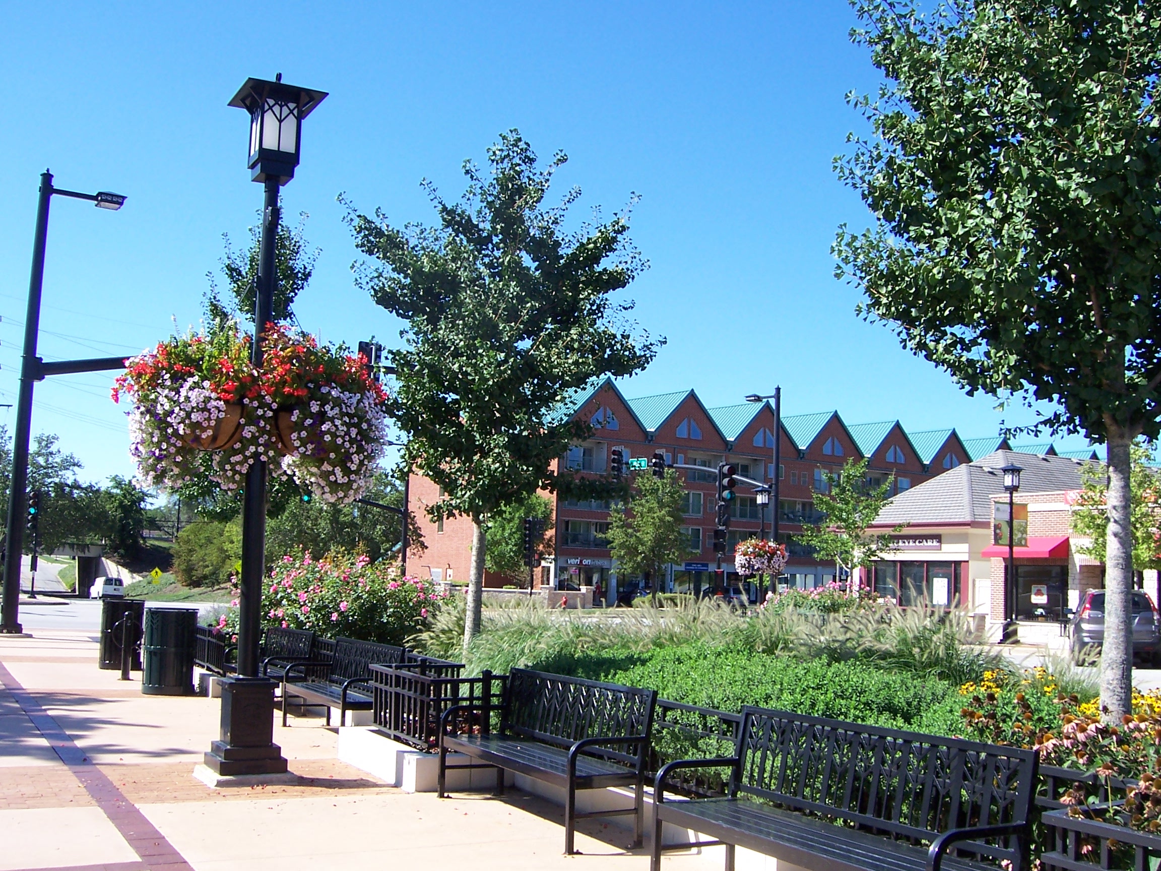 a park with benches and plants and a street light