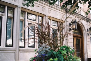 a large planter with flowers and plants in front of a building