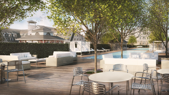 a rendering of a patio with tables and chairs and a pool