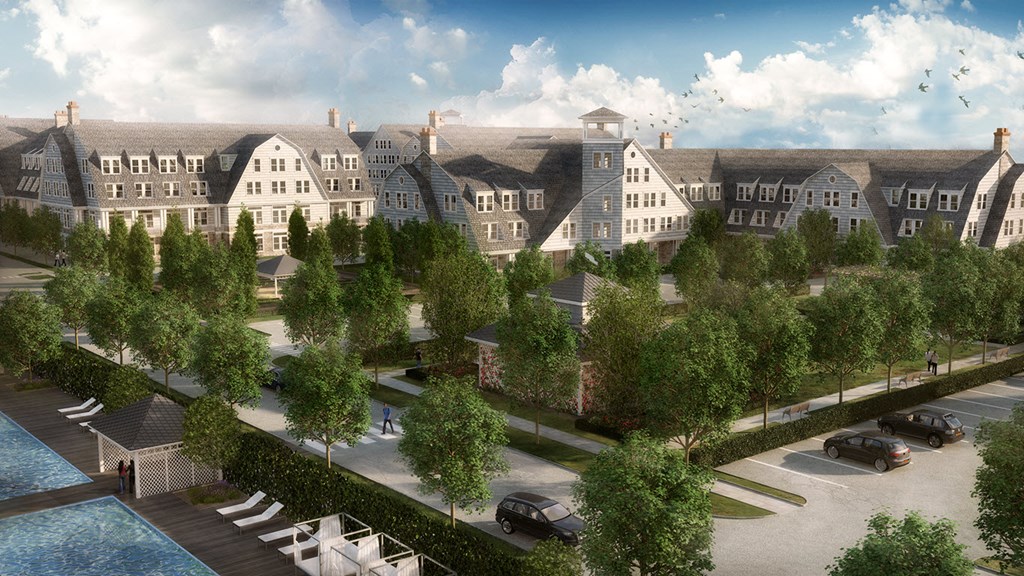 a rendering of an apartment complex with a pool and trees