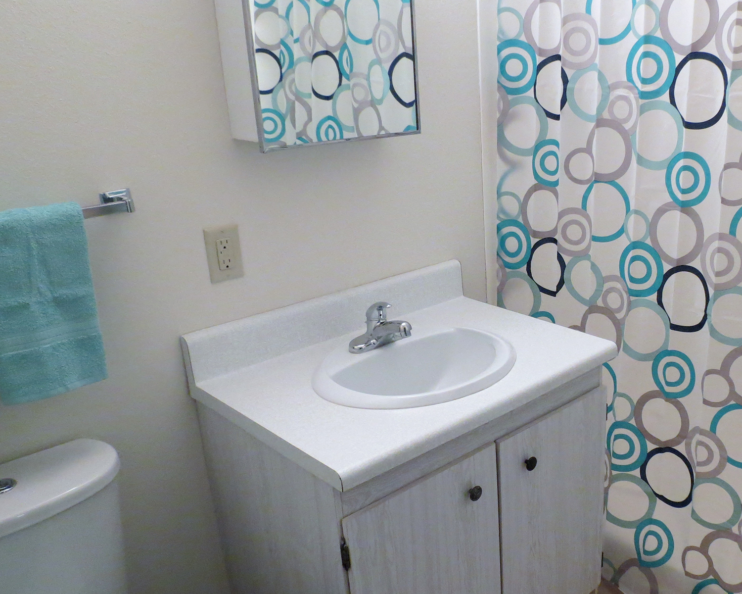 a bathroom with a sink and a shower curtain