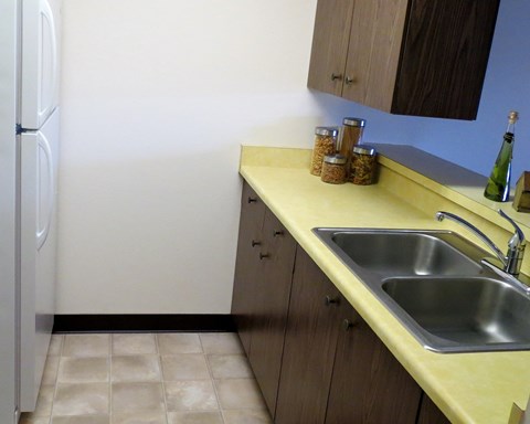 a kitchen with a sink and a refrigerator