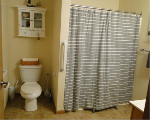 a bathroom with a toilet and a shower curtain