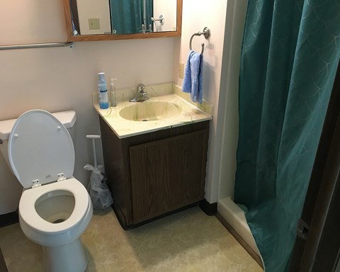 a small bathroom with a sink toilet and shower