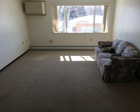 a living room with a couch and a window