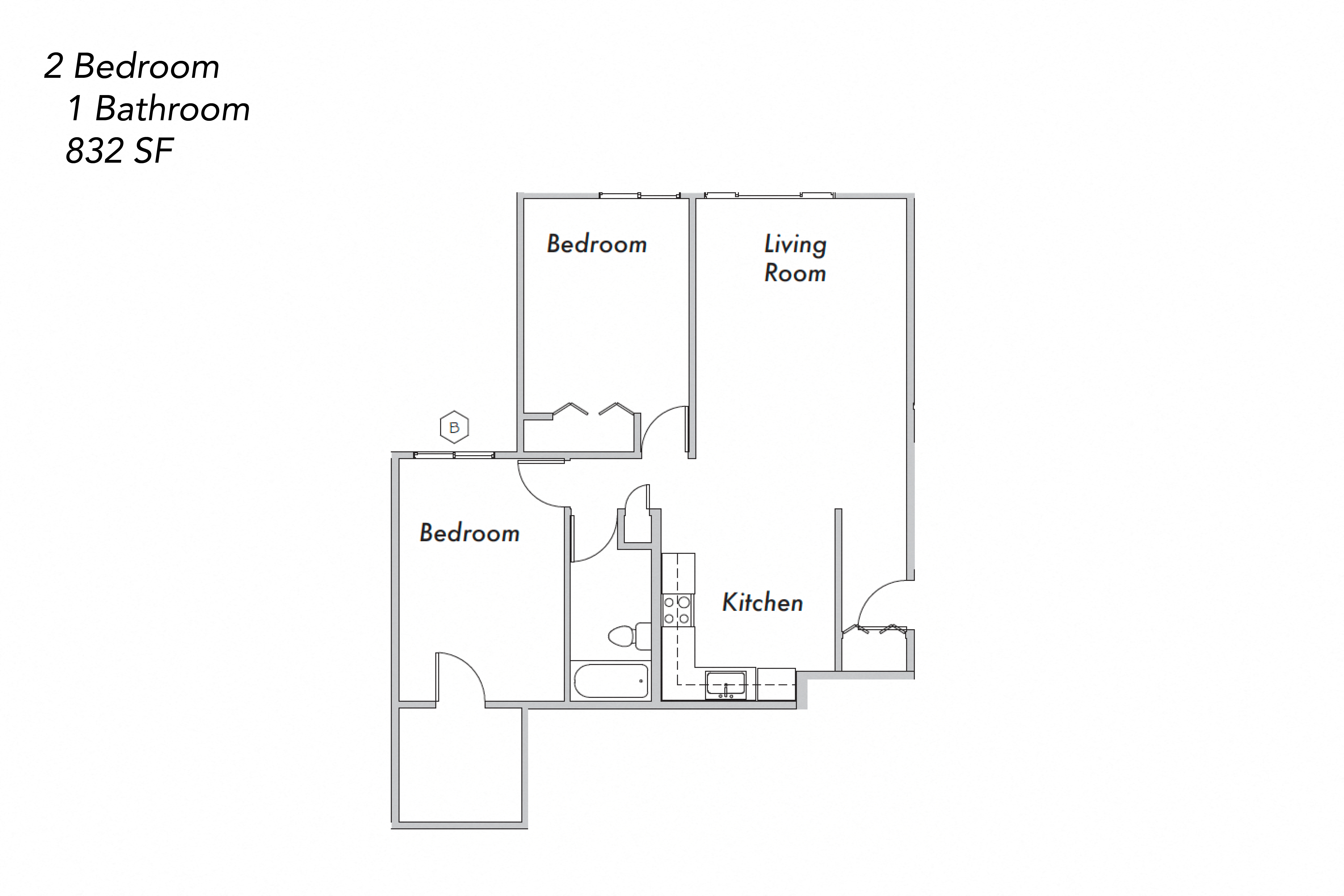 2 Bedroom, 1 Bathroom