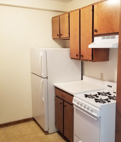 an empty kitchen with a stove refrigerator and cabinets