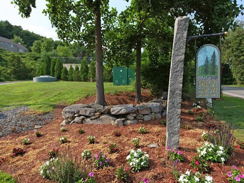 a park with a sign and flowers and trees