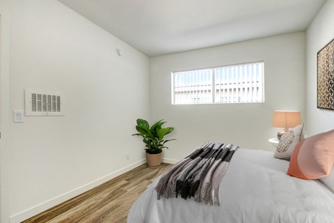 A bedroom with a bed, a lamp, a plant, and a window.