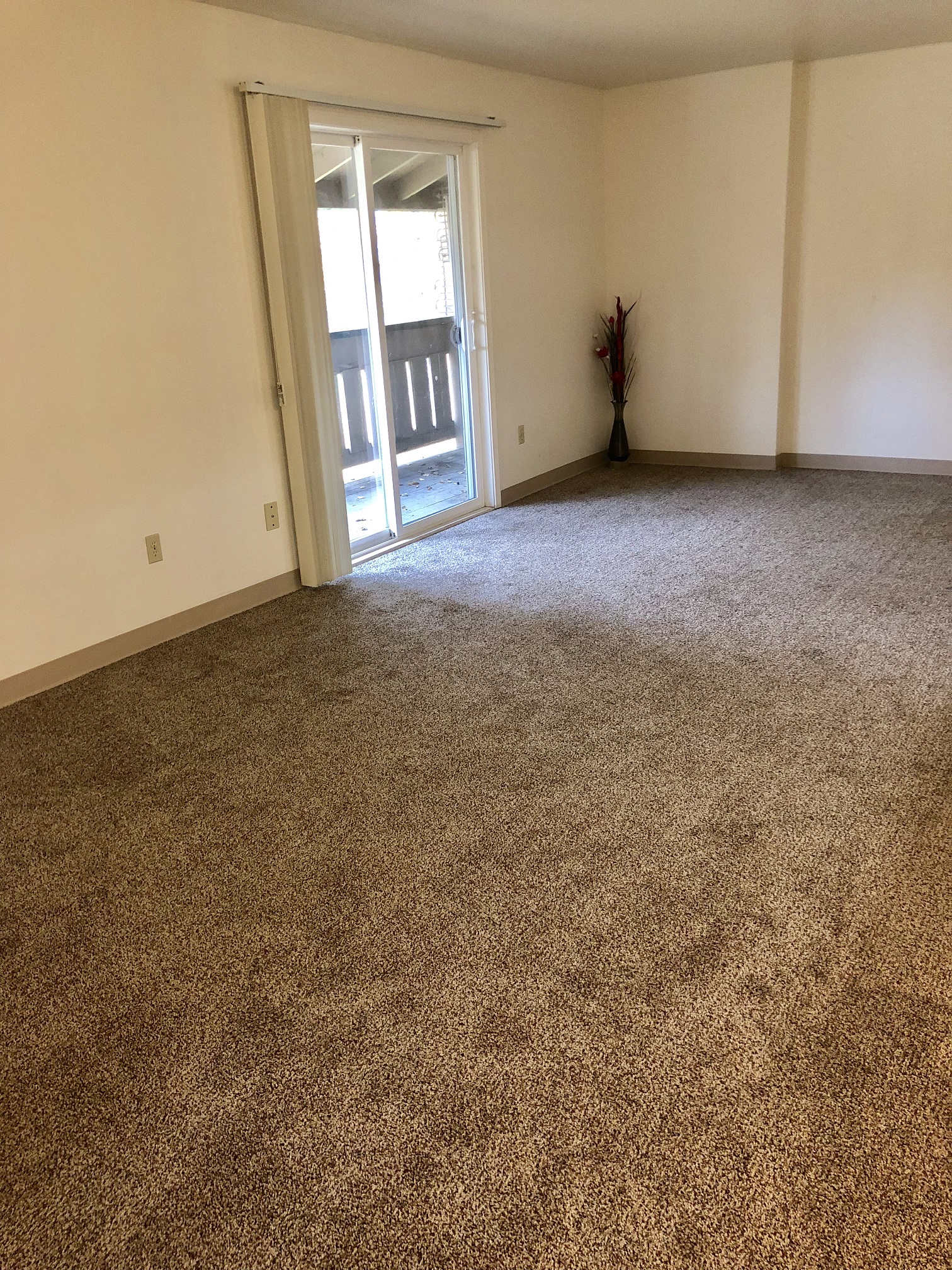 an empty living room with carpet and a door to a balcony