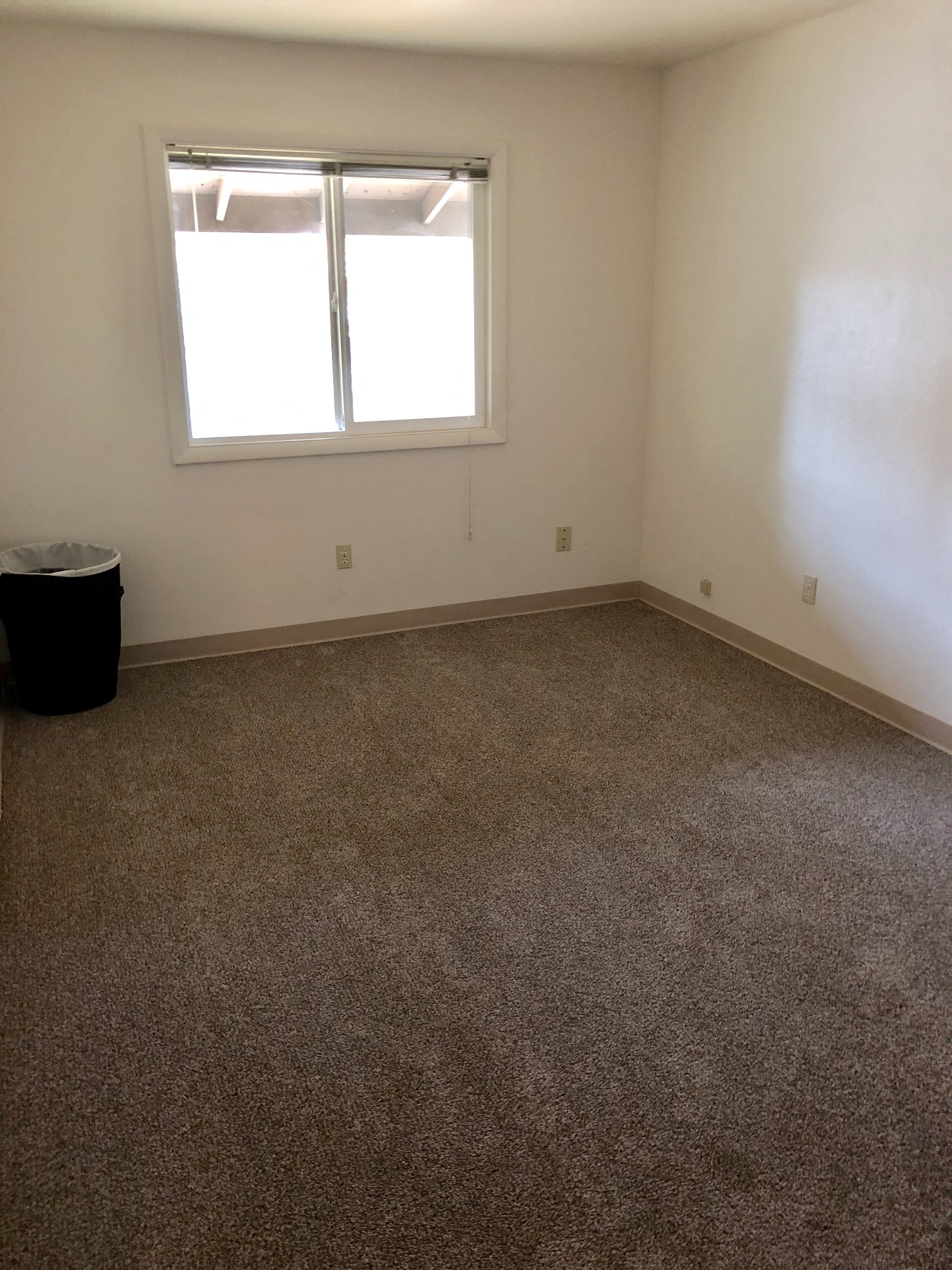 a room with a carpeted floor and a window