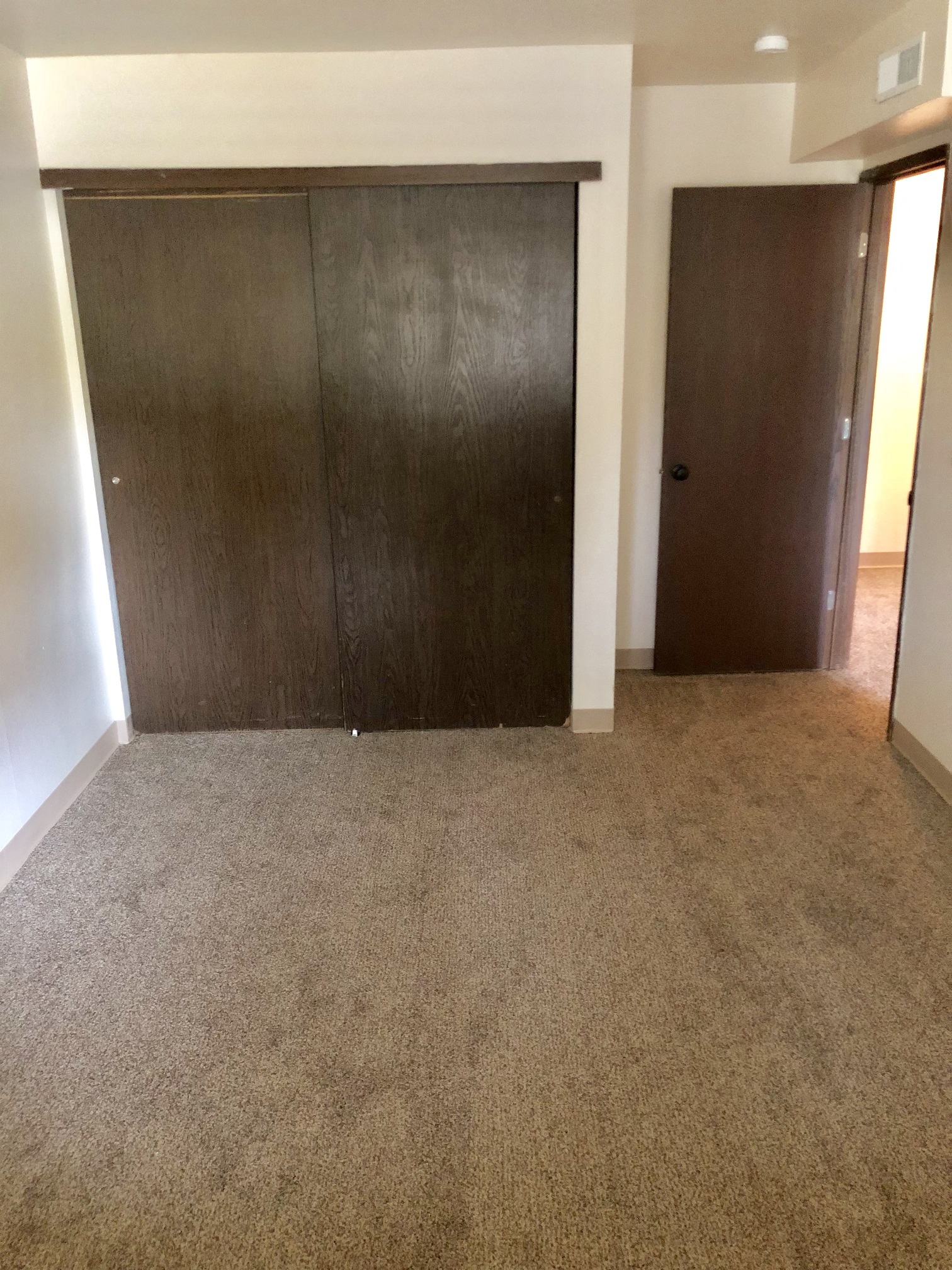 a room with a carpeted floor and two closet doors