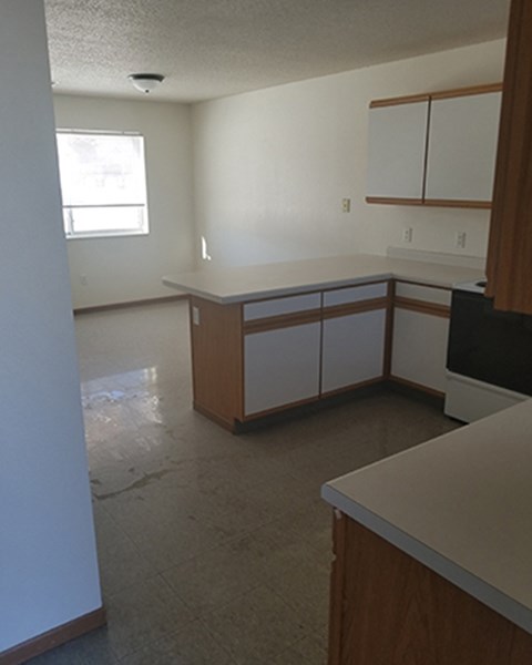 an empty kitchen is shown in an empty house