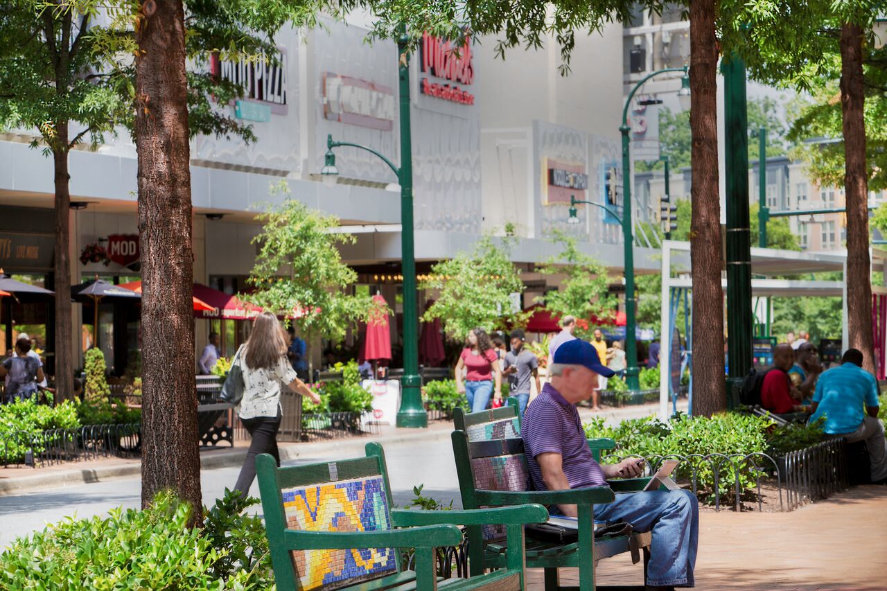 pedestrian path and park with benches and people at Cole Spring Plaza, Silver Spring, 20910