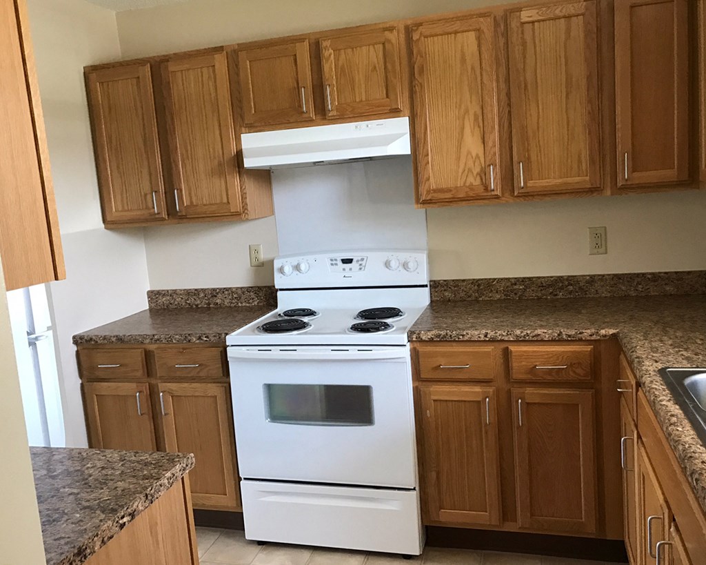an empty kitchen with a stove and cabinets