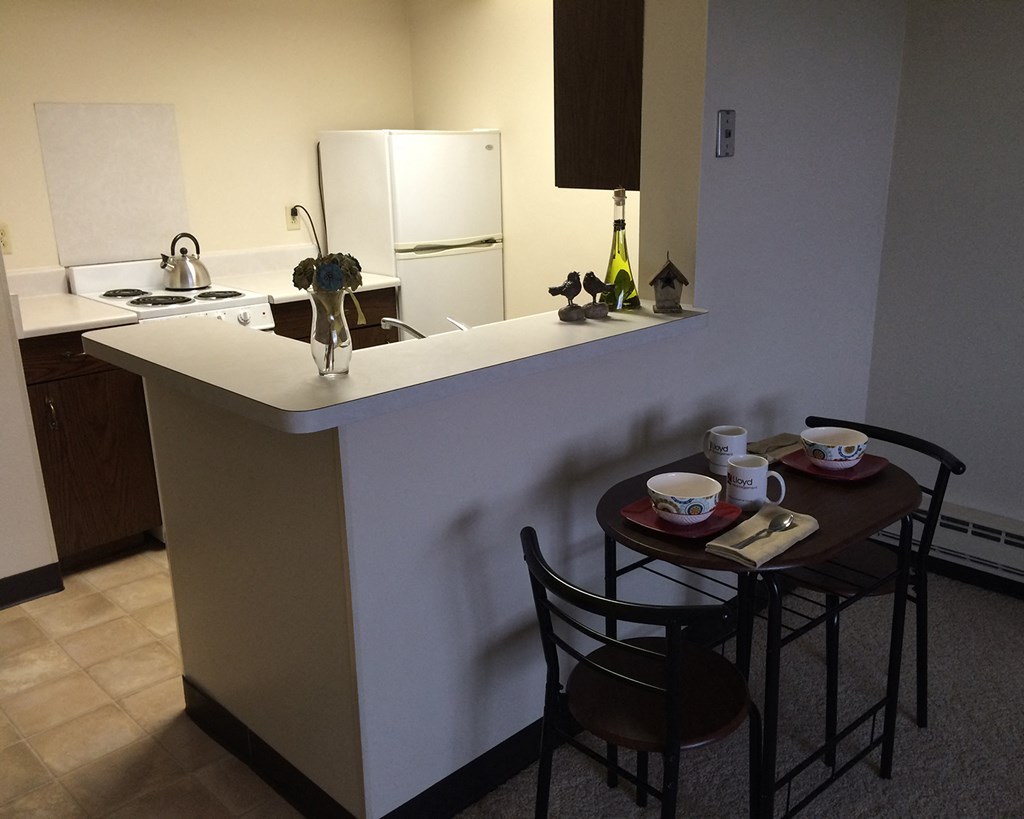 a kitchen with a counter and a table with chairs