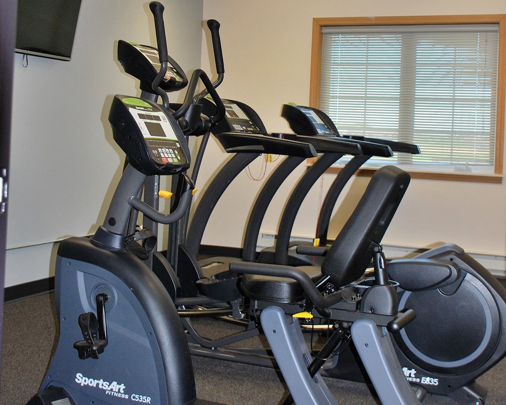 a row of exercise bikes in a gym