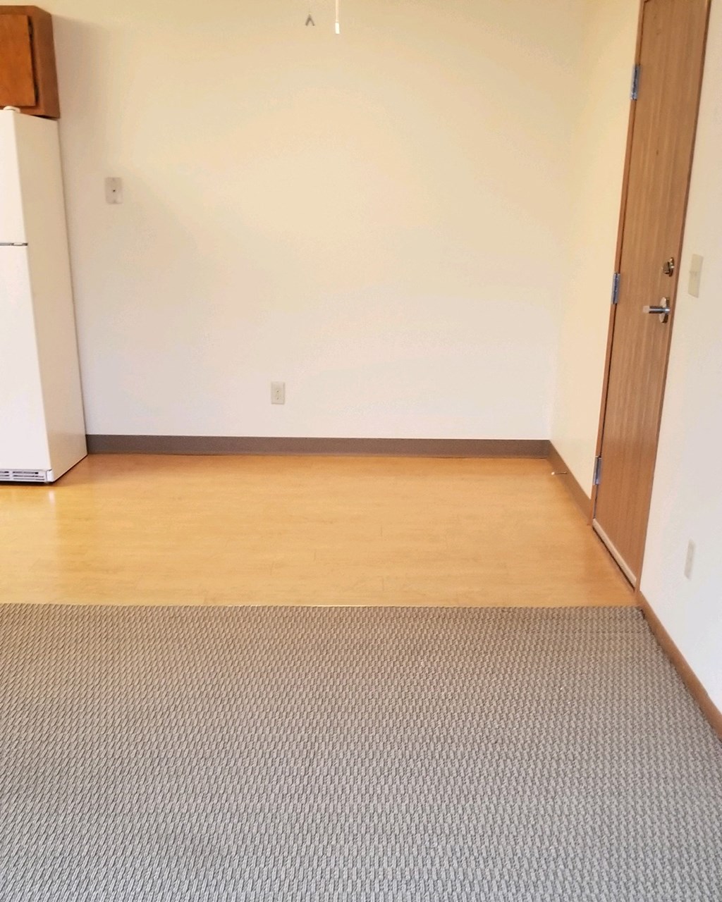 an empty room with a rug and a door