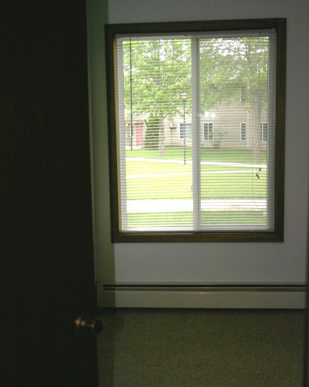 a large window in a room with a view of a yard