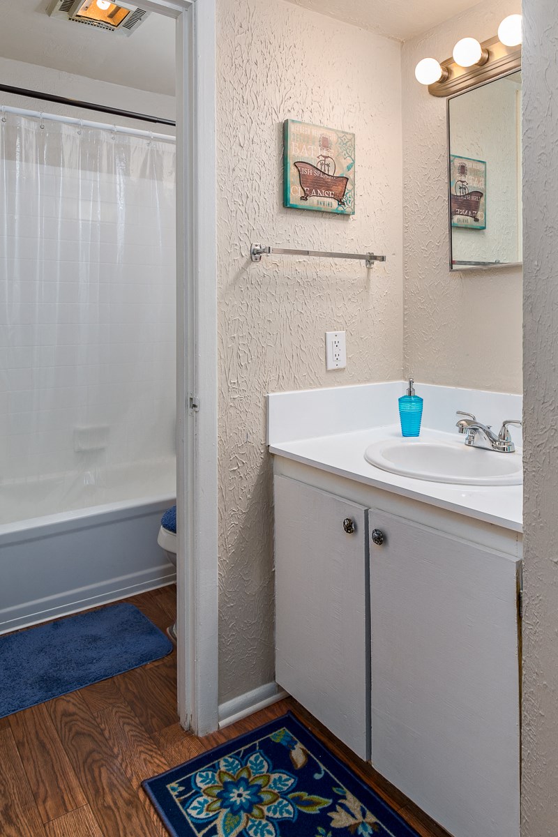 a bathroom with a sink and a shower and a mirror