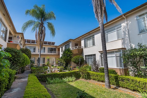 a view of the courtyard of an apartment building with palm trees