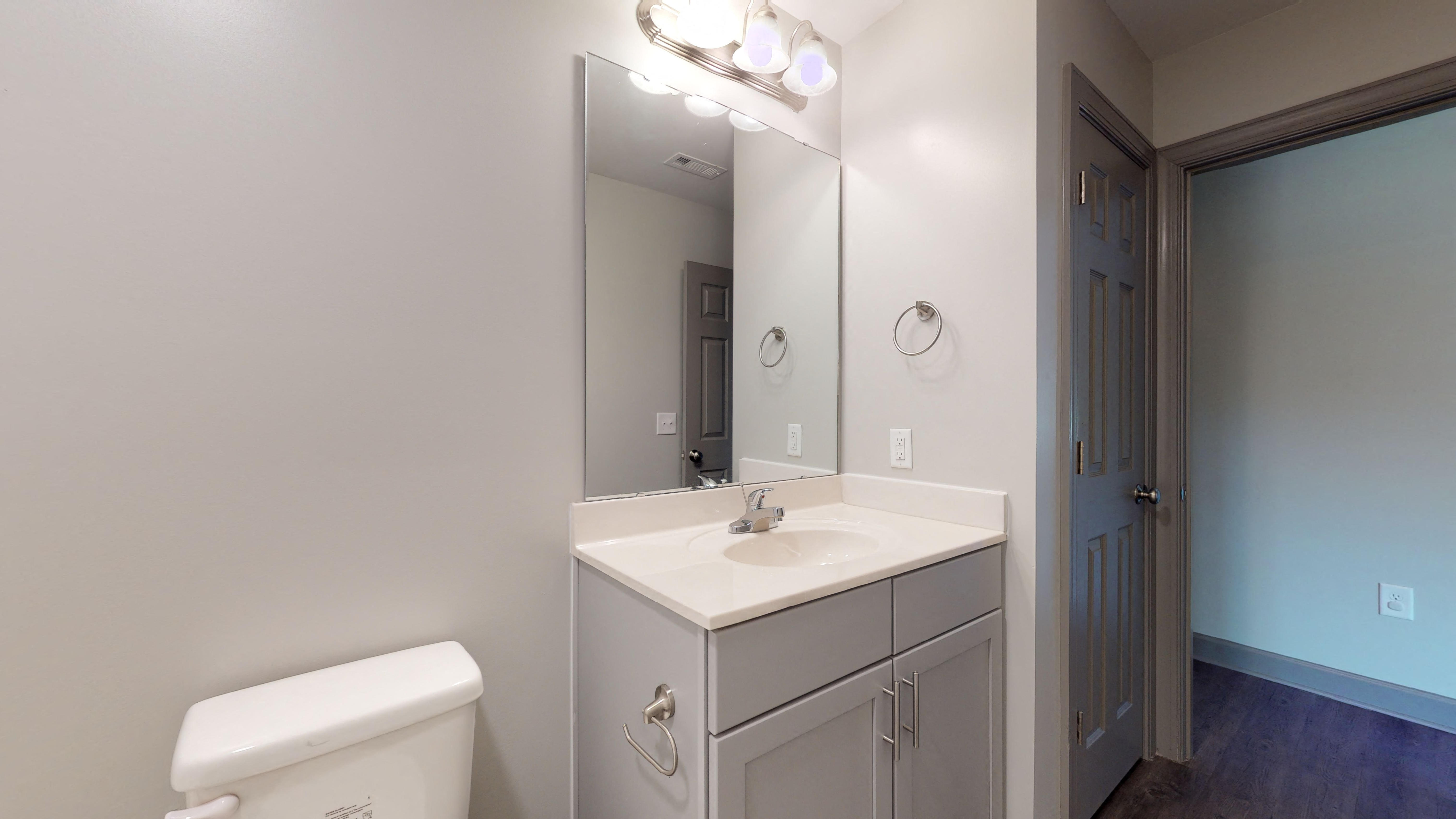 a bathroom with a sink and a mirror and a toilet