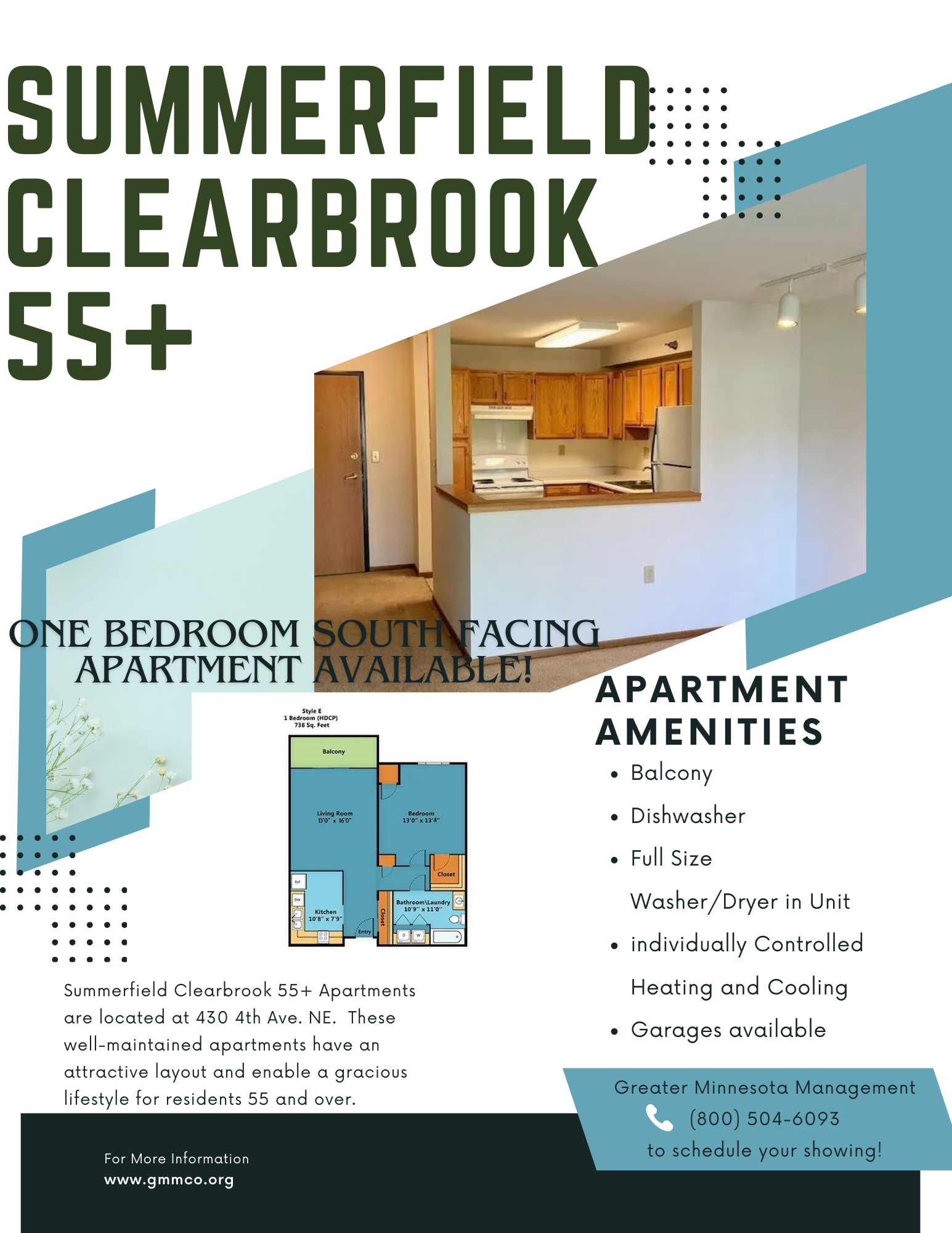 A poster advertising Summerfield Clearbrook 55+ Apartments, highlighting that one bedroom apartments are available and detailing the amenities.