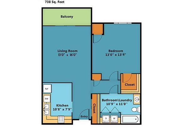 A floor plan of a 738 square feet apartment with a balcony.