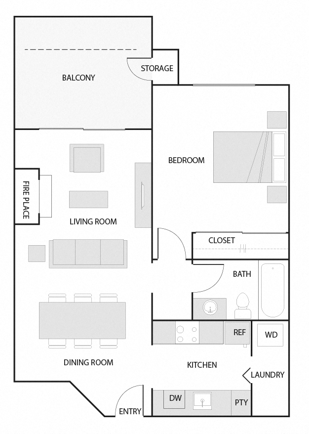 A - 1 Bedroom 1 Bath Floor Plan Layout - 679 Square Feet