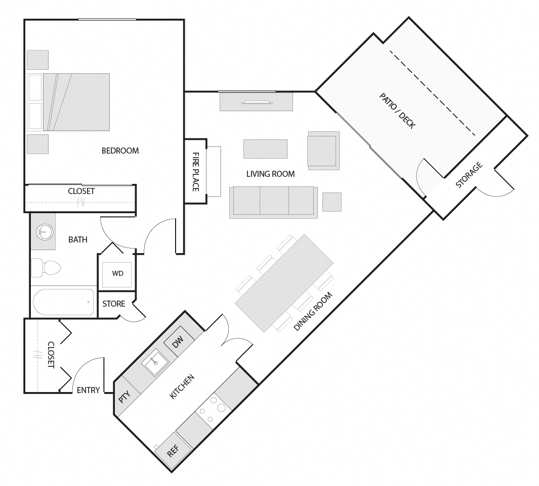 B - 1 Bedroom 1 Bath Floor Plan Layout - 746 Square Feet