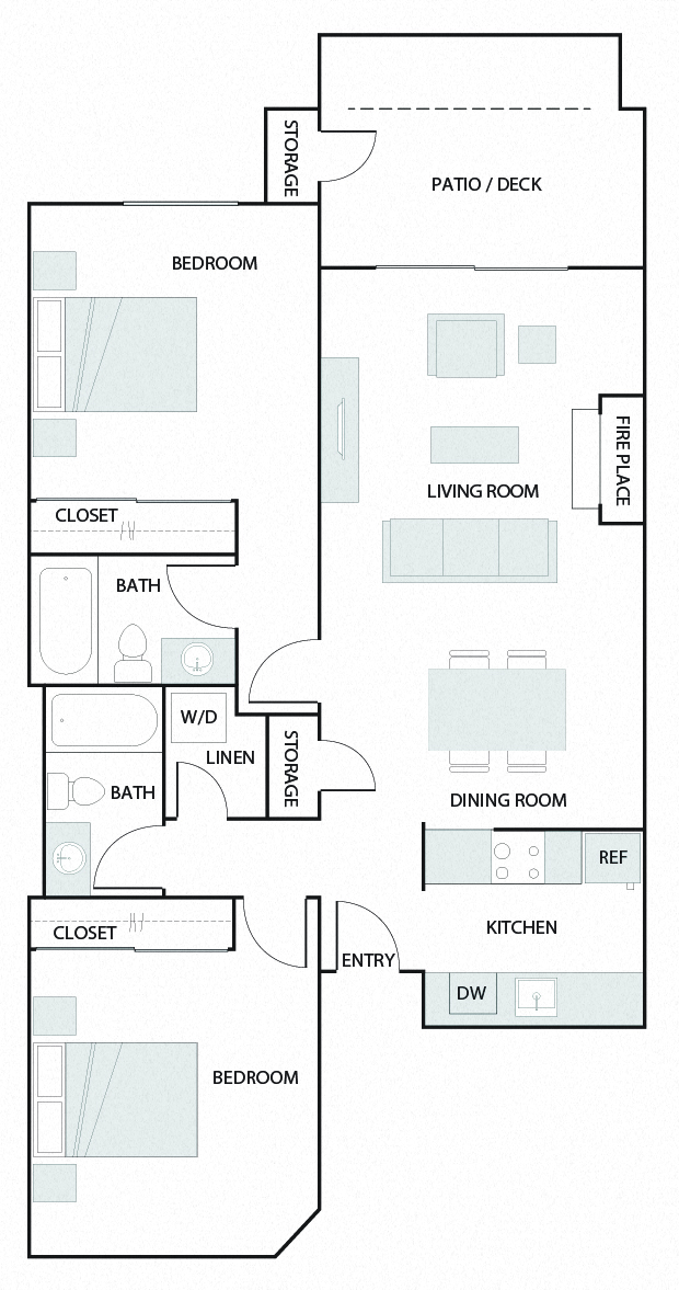 C - 2 Bedroom 2 Bath Floor Plan Layout - 976 Square Feet