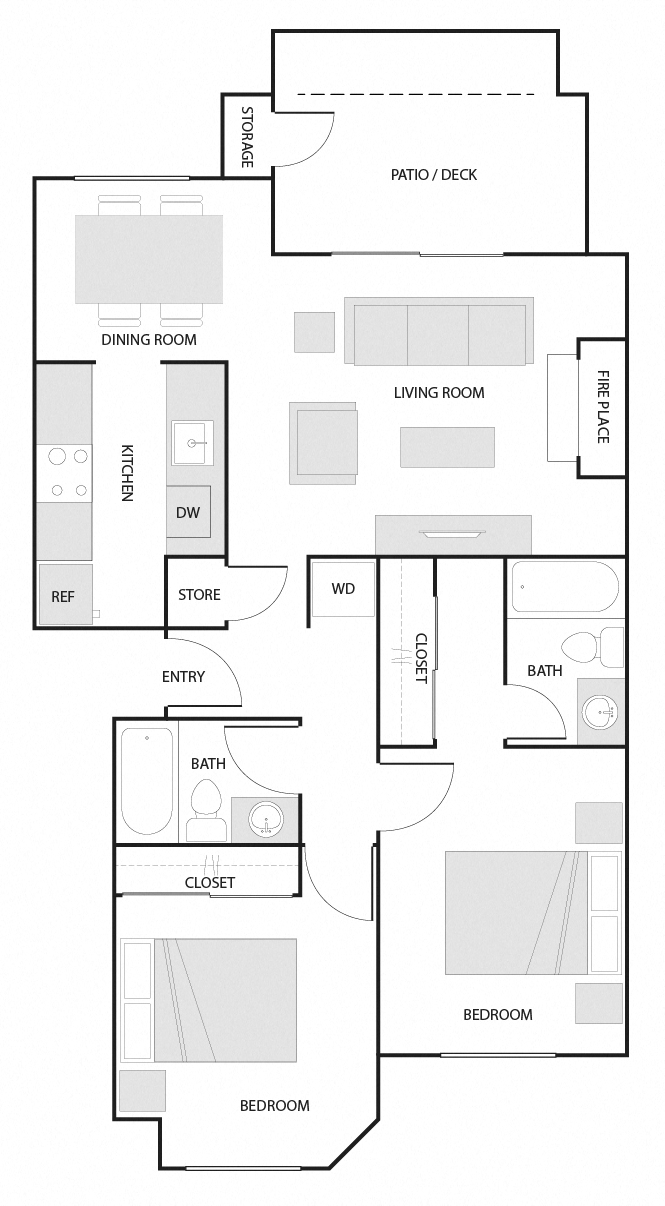 D - 2 Bedroom 2 Bath Floor Plan Layout - 985 Square Feet