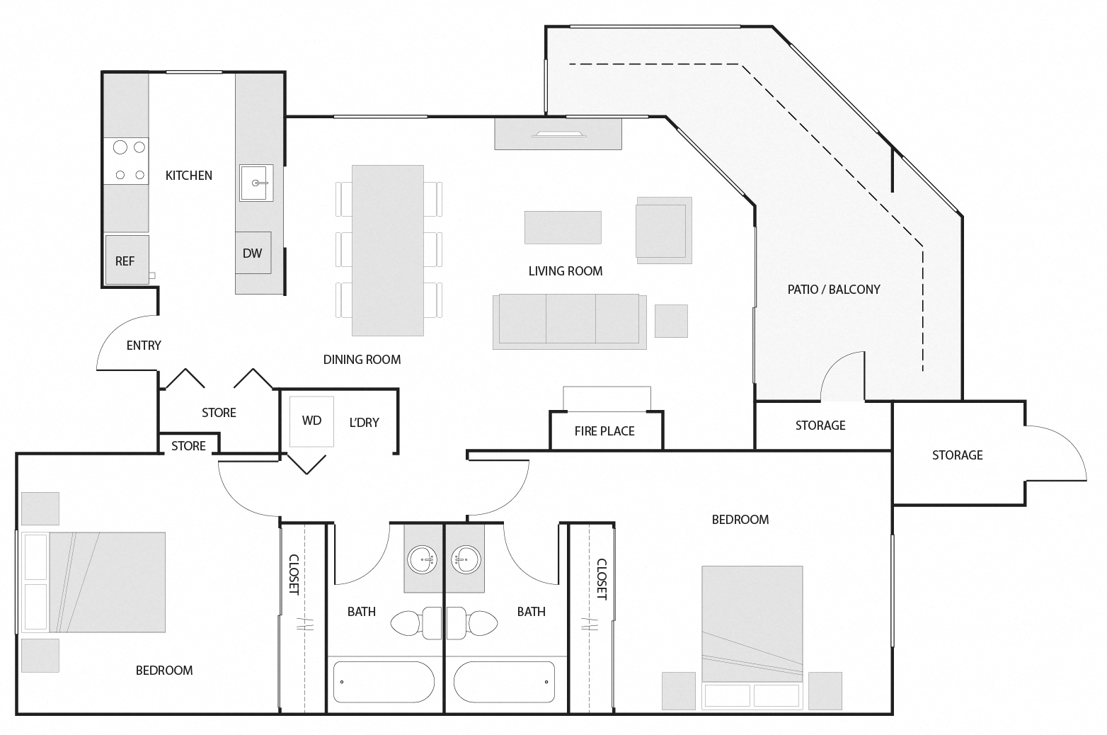 E - 2 Bedroom 2 Bath Floor Plan Layout - 1000 Square Feet