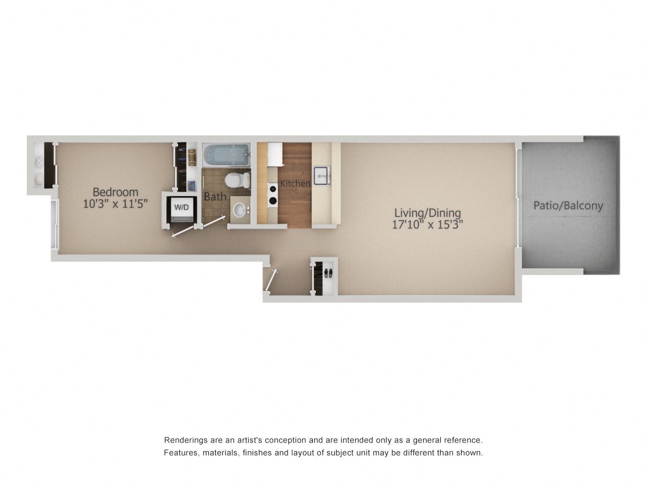 A - 1 Bedroom 1 Bath Floor Plan Layout - 632 Square Feet