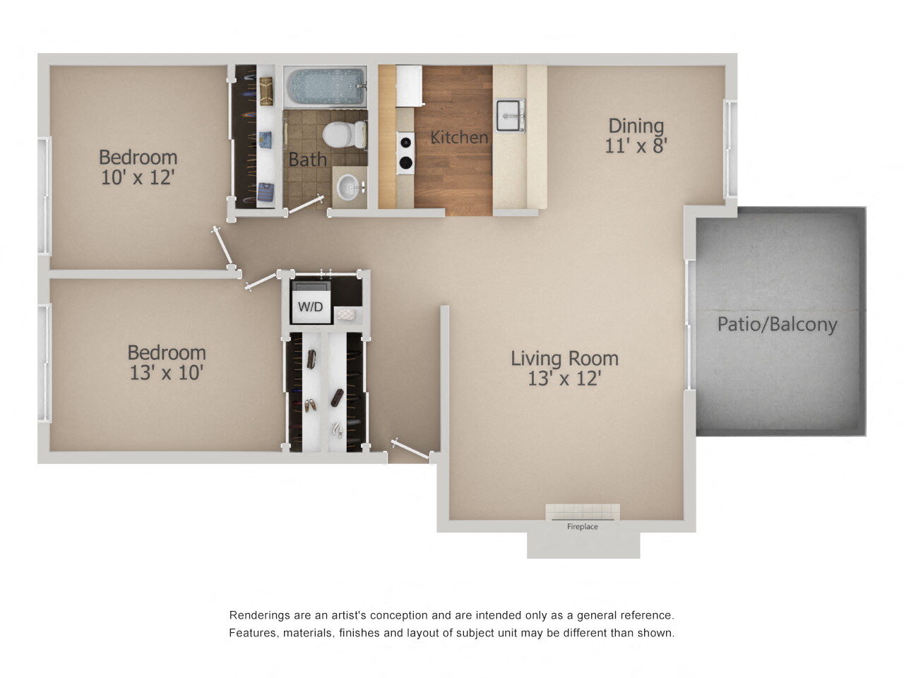 B - 2 Bedroom 1 Bath Floor Plan Layout - 853 Square Feet