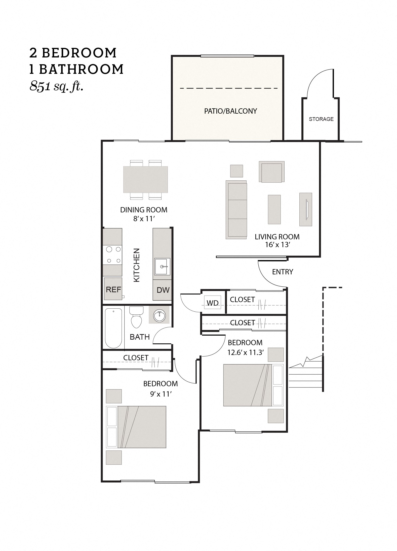 B - 2 Bedroom 1 Bath Floor Plan Layout - 851 Square Feet