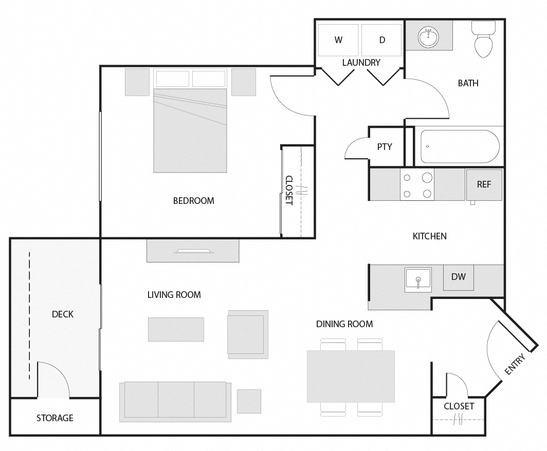 A - 1 Bedroom 1 Bath Floor Plan Layout - 743 Square Feet