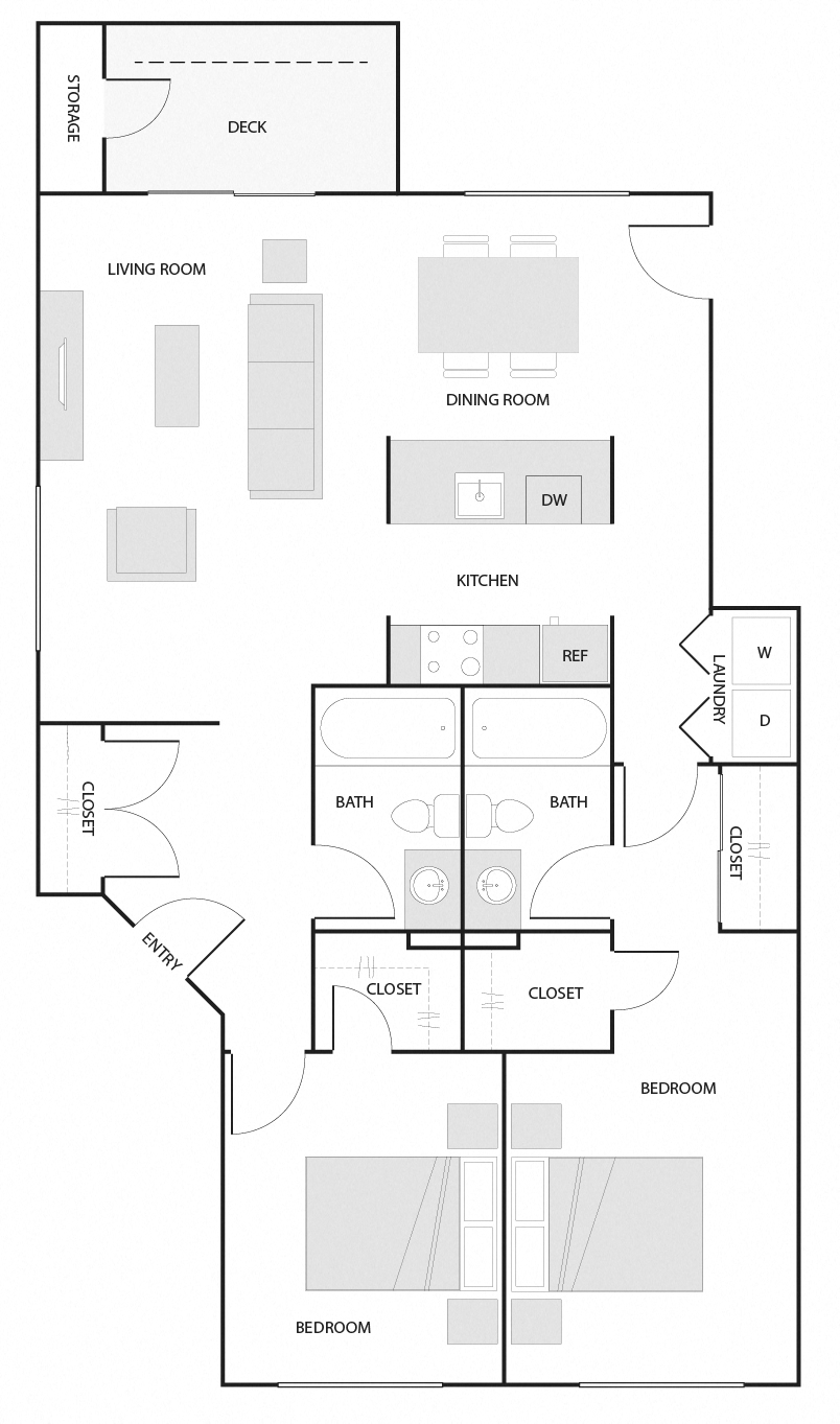 B - 2 Bedroom 2 Bath Floor Plan Layout - 1112 Square Feet