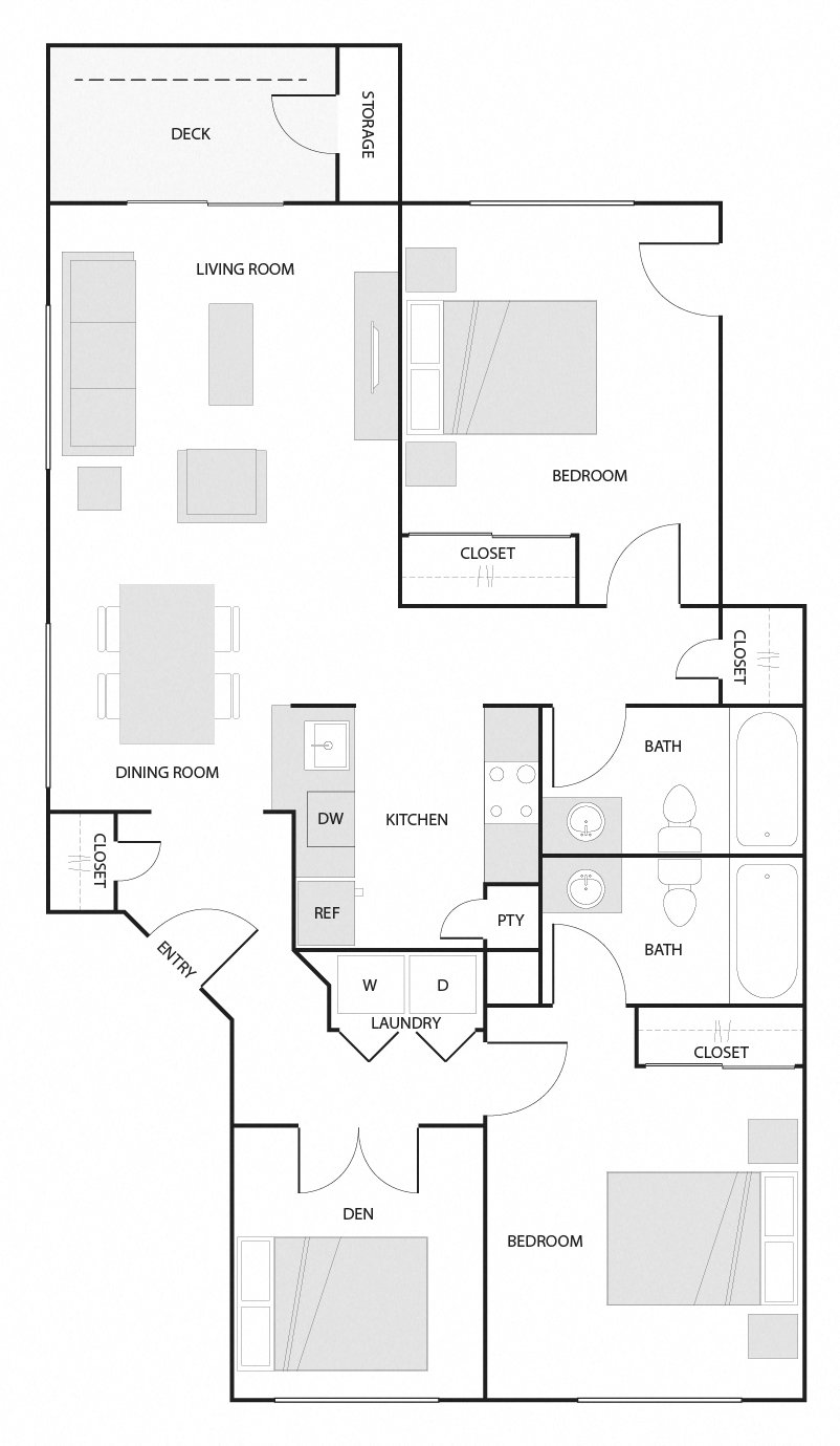 C - 2 Bedroom 2 Bath Floor Plan Layout - 1109 Square Feet